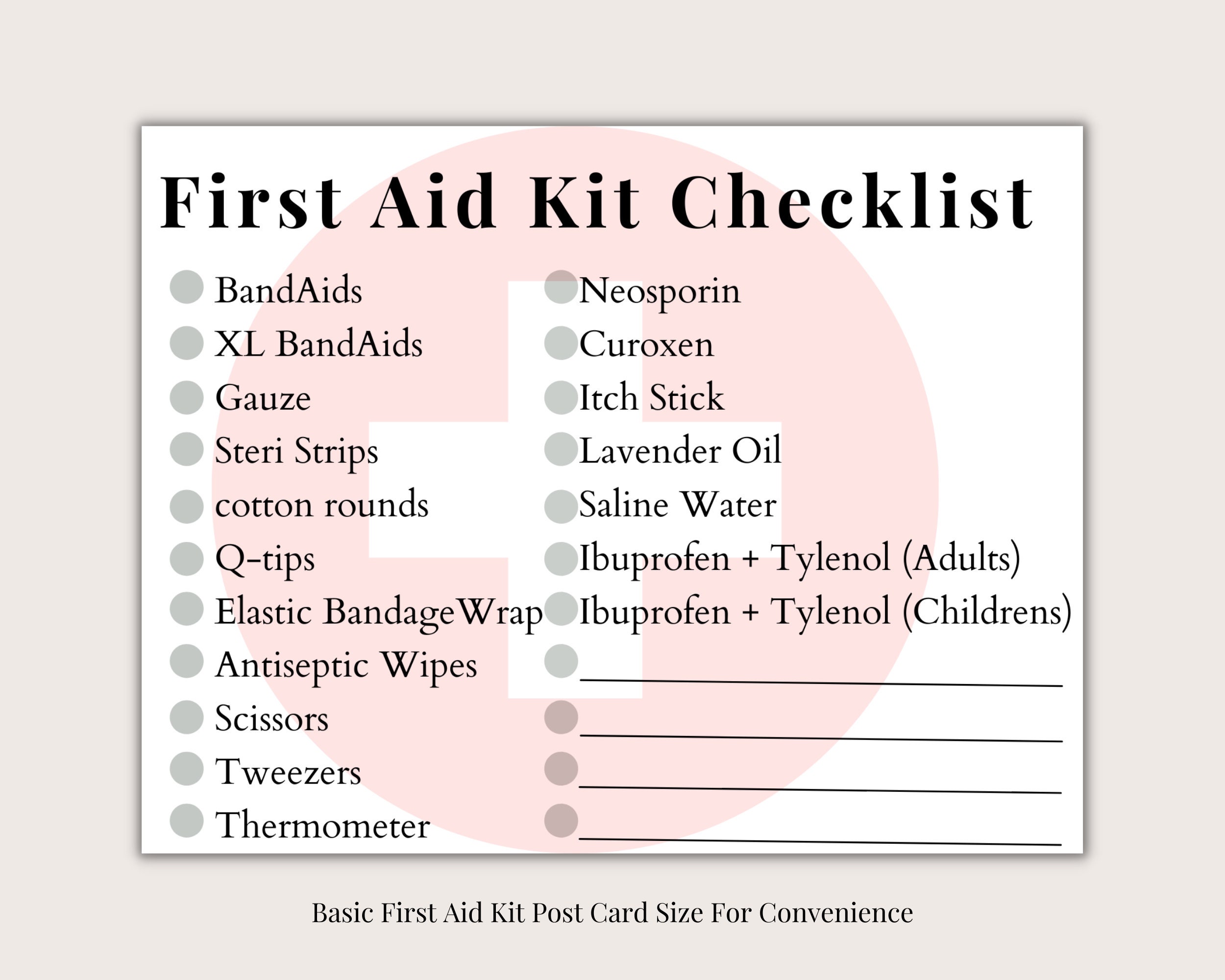 Printable First Aid Kit Checklist Postcard Size Complete First Aid Kit