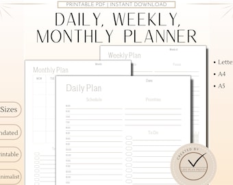 Printable Daily Weekly Monthly Planner | Planner Bundle | Schedule | To Do List | Letter | A5 | A4