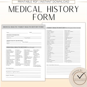 Medical History Form | Family Medical History Form | Family Health History | Personal Health History | Medical Record tracker |