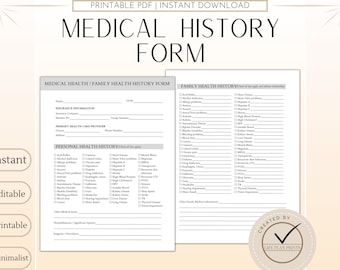Medical History Form | Family Medical History Form | Family Health History | Personal Health History | Medical Record tracker |