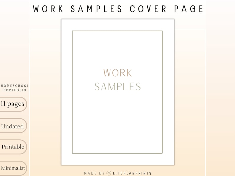 Może przedstawiać: Drukowana okładka do portfolio edukacji domowej, z tekstem "WORK SAMPLES" w kolorze beżowym na białym tle. Okładka jest minimalistyczna i nie zawiera daty, z beżową ramką.