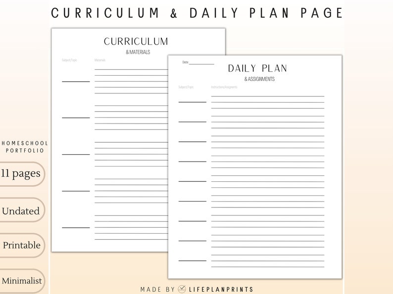 Może przedstawiać: Drukowany szablon strony z planem nauczania i dziennym planem dla homeschoolingu. Szablon jest nie datowany i minimalistyczny. Zawiera sekcje na temat przedmiotu, temat&oacute;w, materiał&oacute;w, zadań i notatek.
