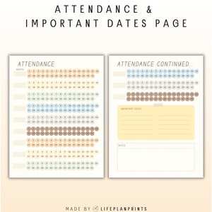 May include: Printable homeschool attendance and important dates page with a minimalist design. The page features a monthly attendance tracker with circles to mark each day, a section for important dates, and a notes section.