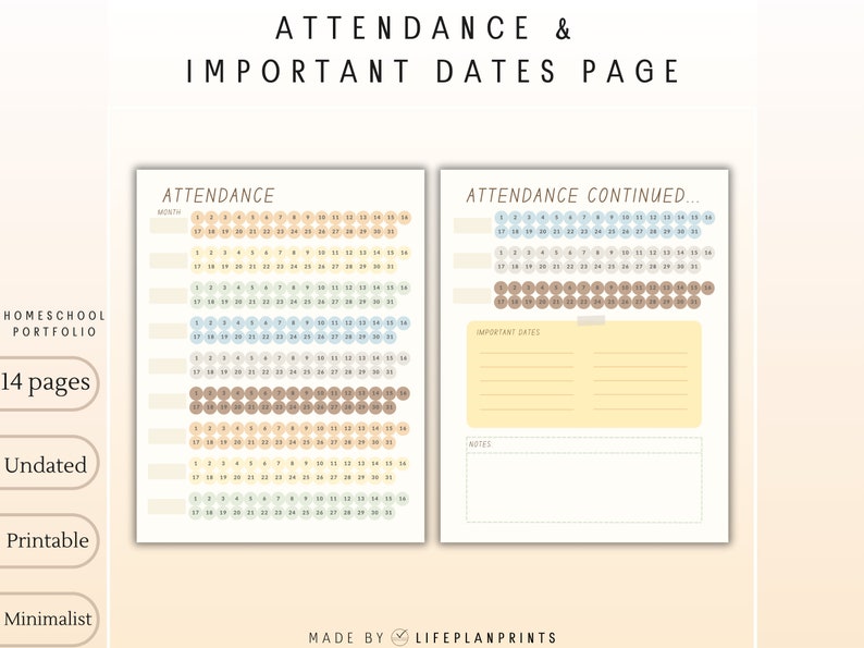 May include: Printable homeschool attendance and important dates page with a minimalist design. The page features a monthly attendance tracker with circles to mark each day, a section for important dates, and a notes section.