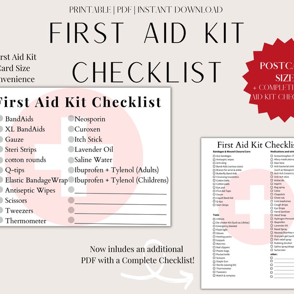 Printable First Aid Kit Checklist | Postcard size | Complete First Aid Kit Checklist | pdf digital download