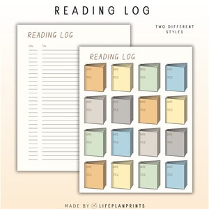 May include: Printable reading log with two different styles. The first style is a simple list with date and title columns. The second style features a grid of book-shaped boxes with space for date and title.
