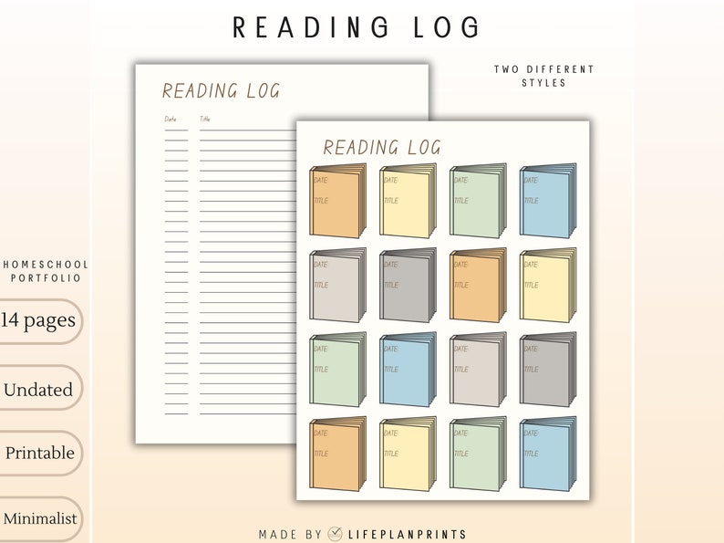 May include: Printable reading log with two different styles. The first style is a simple list with date and title columns. The second style features a grid of book-shaped boxes with space for date and title.