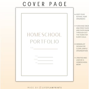 Może przedstawiać: Drukowana okładka portfolio edukacji domowej w minimalistycznym stylu. Okładka jest biała z brązową ramką i tekstem "Homeschool Portfolio". Są linie do wpisania imienia ucznia, roku, klasy i wieku.