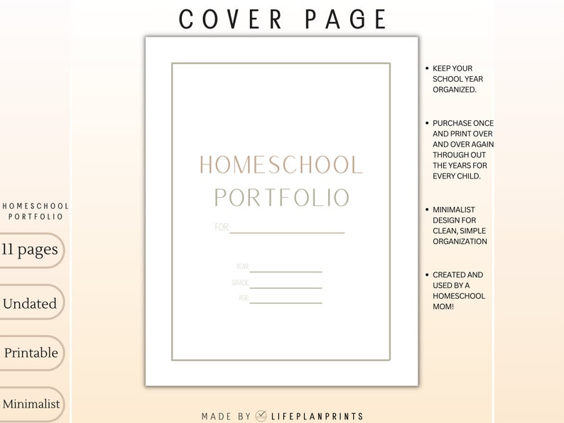 Może przedstawiać: Drukowana okładka portfolio edukacji domowej w minimalistycznym stylu. Okładka jest biała z brązową ramką i tekstem "Homeschool Portfolio". Są linie do wpisania imienia ucznia, roku, klasy i wieku.