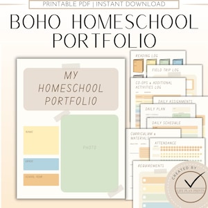 May include: A printable homeschool portfolio with a boho aesthetic. The cover features a light brown background with the text "My Homeschool Portfolio" in brown text. The portfolio includes 14 pages with sections for daily assignments, curriculum and materials, attendance, and more.