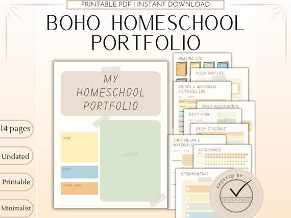 Printable Homeschool Portfolio Binder Pages | Academic Planner | Homeschool Planner | BOHO Minimalist Planner | Planner pages