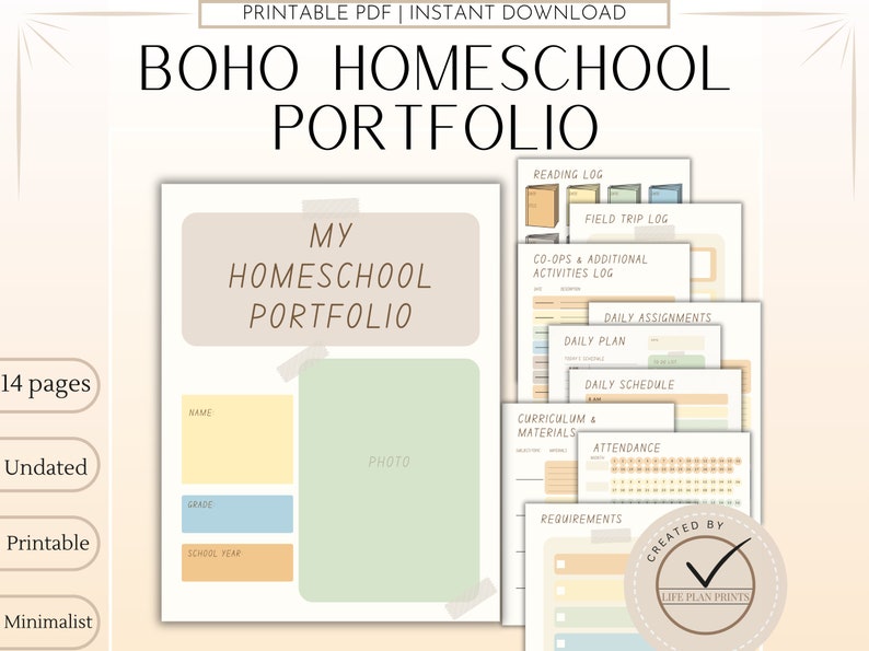 May include: A printable homeschool portfolio with a boho aesthetic. The cover features a light brown background with the text "My Homeschool Portfolio" in brown text. The portfolio includes 14 pages with sections for daily assignments, curriculum and materials, attendance, and more.