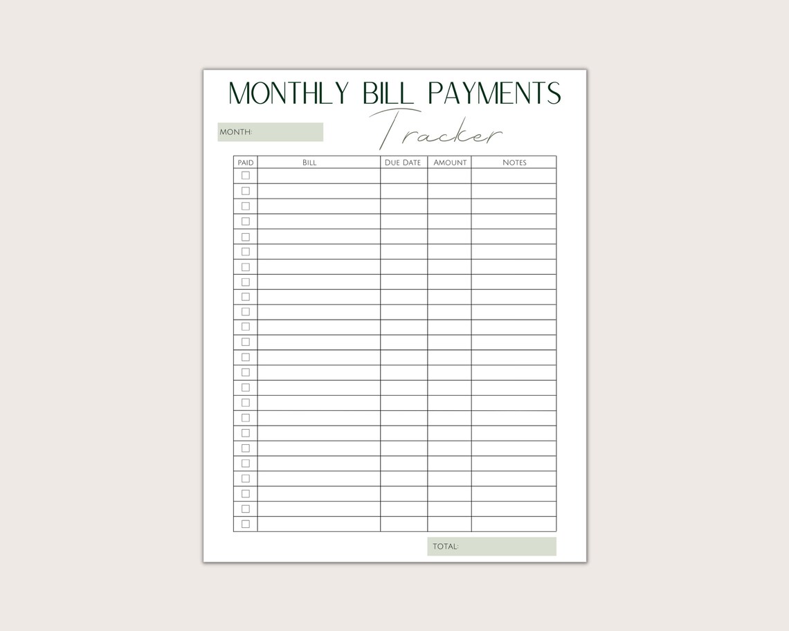 Printable Bill Payments Tracker Bills Log Monthly Bill - Etsy