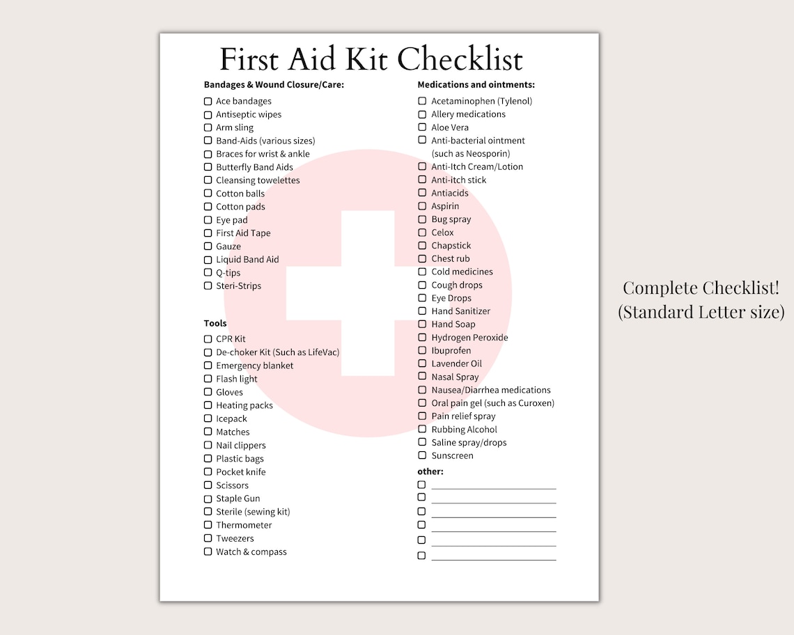 Printable First Aid Kit Checklist Postcard Size Complete First Aid Kit ...