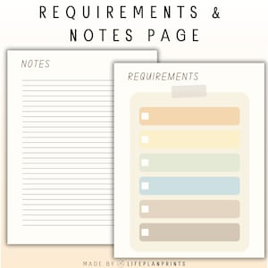 May include: A printable homeschool portfolio page with a notes section and a requirements checklist. The page is minimalist and undated. The checklist has six boxes with lines for writing and a space for a checkmark. The boxes are colored in shades of peach, yellow, green, blue, beige, and brown.