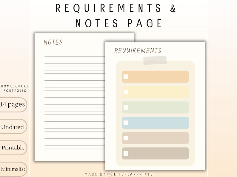 May include: A printable homeschool portfolio page with a notes section and a requirements checklist. The page is minimalist and undated. The checklist has six boxes with lines for writing and a space for a checkmark. The boxes are colored in shades of peach, yellow, green, blue, beige, and brown.