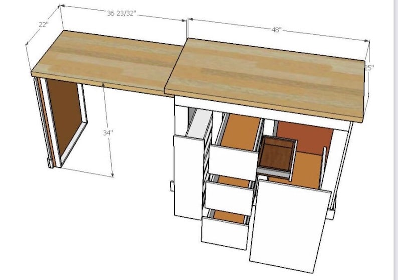 Puede incluir: Un escritorio blanco con una tapa de madera y tres cajones. El escritorio mide 122 cm de ancho, 93 cm de profundidad y 56 cm de alto. Los cajones miden 38 cm de profundidad.