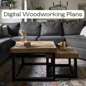 May include: A wooden coffee table with a chevron pattern top and black metal legs. The table is nested with a smaller matching table.  Digital Woodworking Plans.