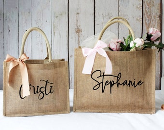 Custom Bridesmaid Tote Bag/Beach bag/Burlap Tote Bag/Bachelorette Party Favor/Wedding Burlap Bag/Monogrammed Jute Bag