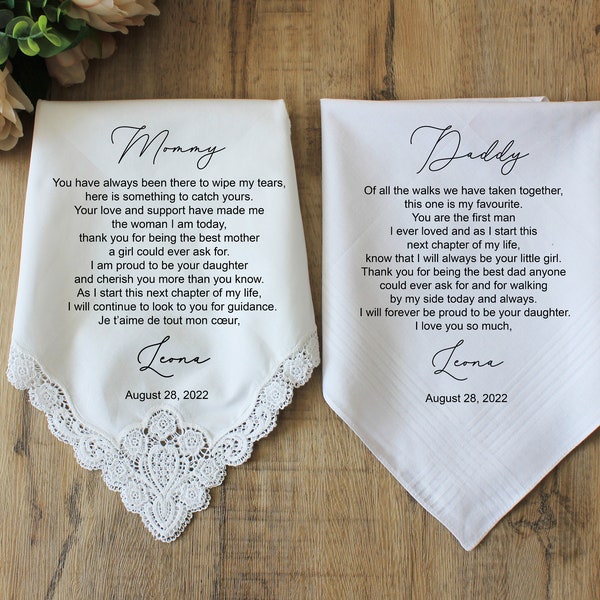 Mother and Dad of the Bride handkerchief Set from the Bride,Wedding handkerchief from daughter,Parent gift from bride,Mum gift,Wedding Gift