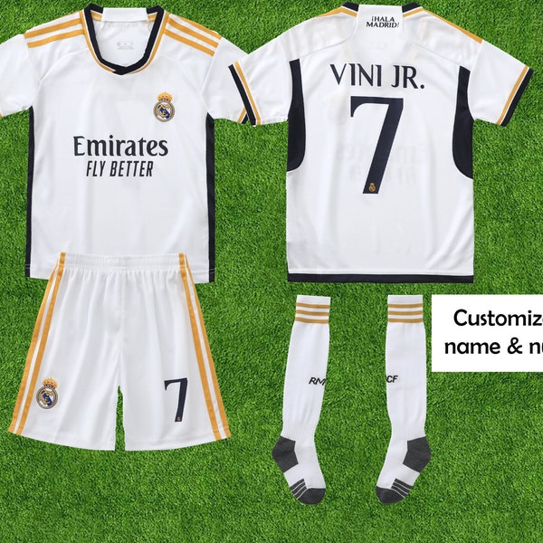 Madrid Vini #7 New Home Kids Soccer Uniform Jersey & Shorts with Socks Set for Boys and Girls,Hand Signed Vini jr Real Madrid home shirt