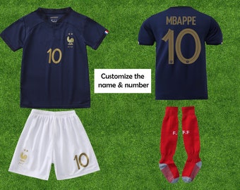 Copa Mundial de Francia 2022 Conjunto de camiseta y pantalones cortos de fútbol Mbappe #10 - Niños, Camiseta de uniforme de fútbol para niños Kylian Mbappe #10 local de Francia 2022