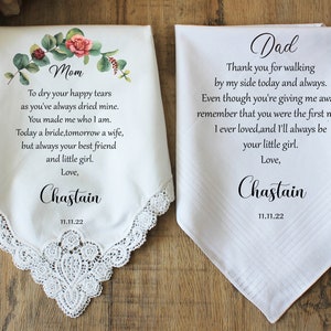 Wedding handkerchief-Bride Lace Handkerchief-Mom and dad handkerchiefs-Mother & Father of the Bride Gift from the Bride-Custom printed hanky