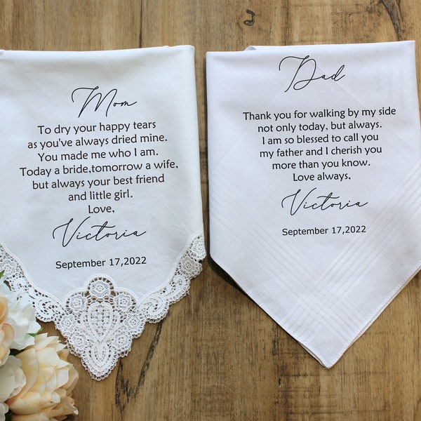 Wedding Handkerchief Gift for Parents,Mother of the Bride Gift,Father of the Bride Gift, Personalized Wedding Gift,Dad Wedding Handkerchief