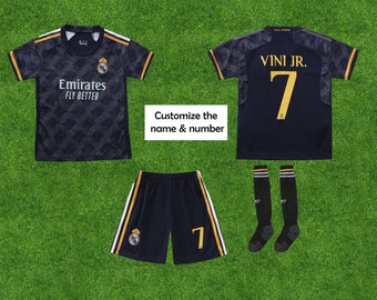 Uniformes du Real Madrid Extérieur 23-24 pour enfants personnalisables, Real Madrid Domicile 2023-2024 Vini Jr. # 7, Madrid Bellingham #5 Extérieur Nouveau 2023/24 Football