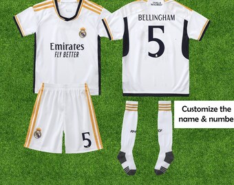 Madrid Bellingham #5 Nouveau maillot de football domicile/ensemble short avec chaussettes garçon et fille, Real Madrid 2023/24 maillot domicile Jude Bellingham #5