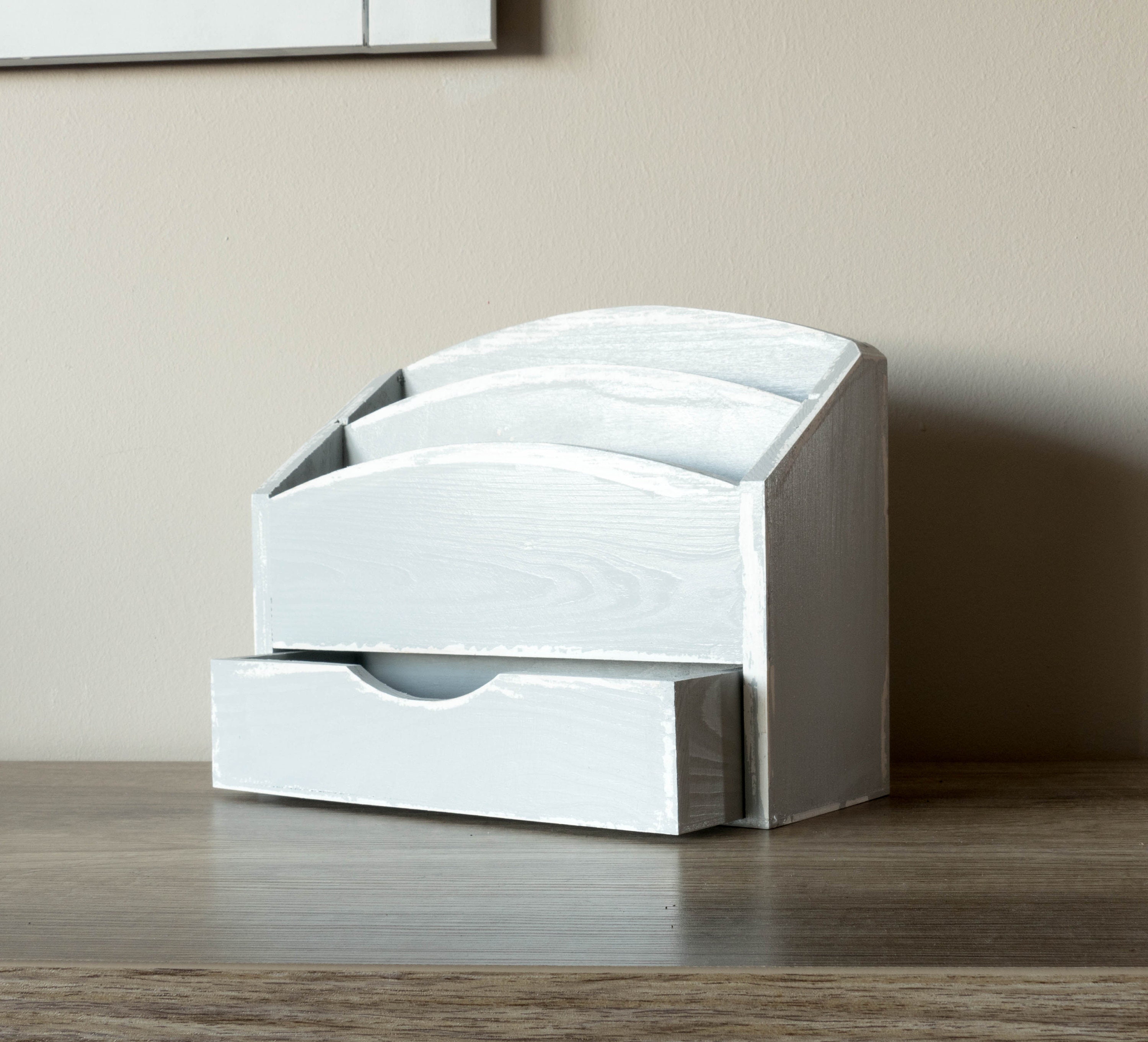 Grey Shabby Chic Wooden Letter Rack Desk Post Organiser Holder With