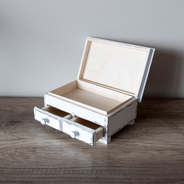 Blanc Shabby Chic - Mini coffre en bois de 2 tiroirs, boîte à bijoux, organisateur en bois, organisateur de bijoux, boîte pour petits objets