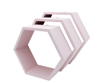 Juego de 3 soportes de caja de estante con forma de hexágono de madera rosa pastel, estantes de nido de abeja, estantes hexagonales de madera