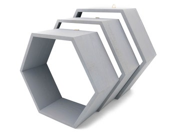 Juego de 3 soportes para cajas de estantes en forma de hexágono de caja de madera gris, estantes de panal, estantes hexagonales de madera