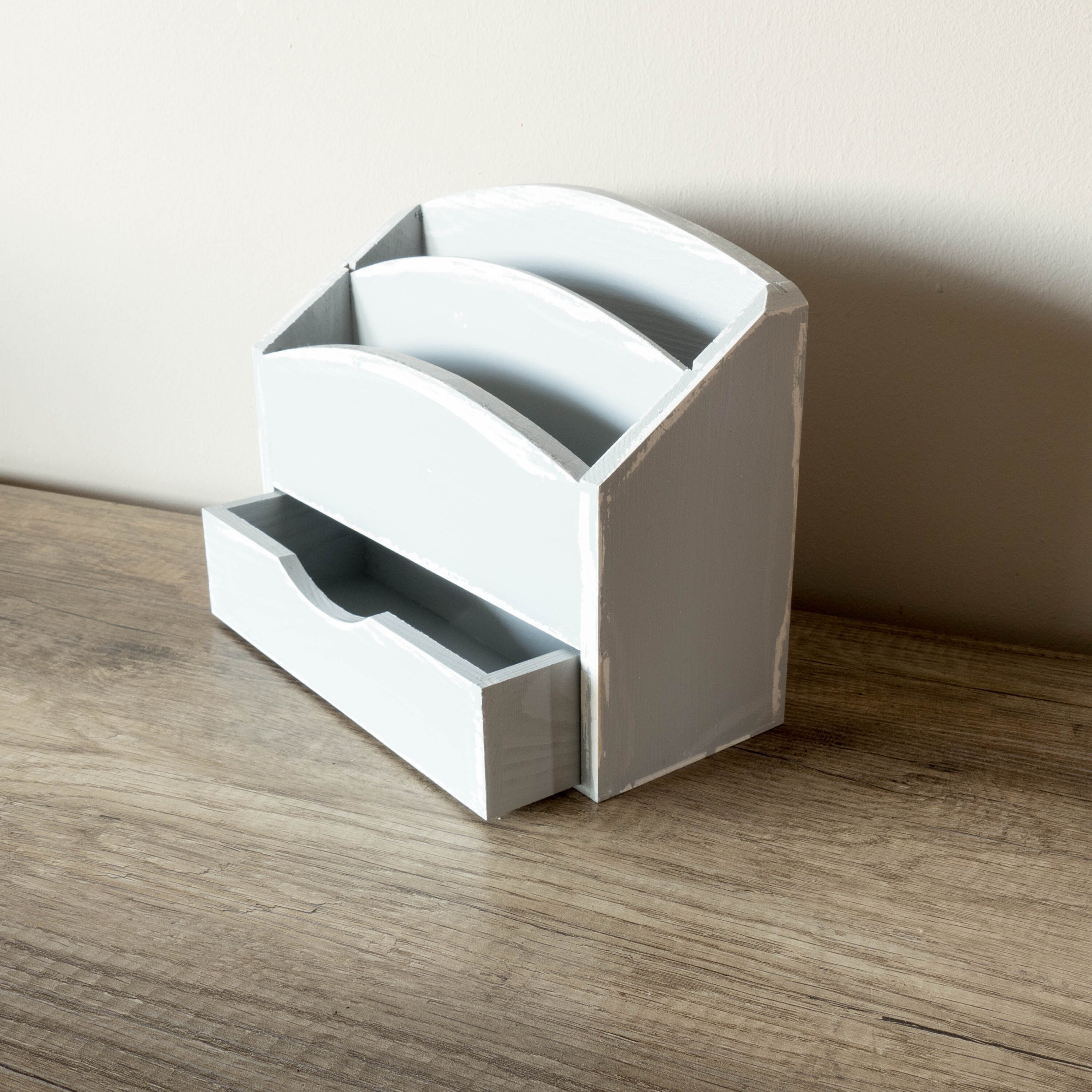 Grey Shabby Chic Wooden Letter Rack Desk Post Organiser Holder With
