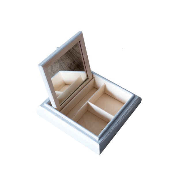 Grau Shabby Chic - Schmuckkästchen aus Holz mit Deckel und Spiegel, Holz Organizer, Schmuck Organizer, Box für kleine Gegenstände, Mini Truhe