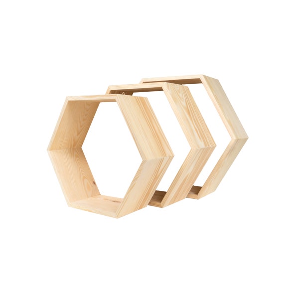 Lot de 3 supports pour étagères en bois de forme hexagonale, étagères en nid d'abeille - sans fond - étagères hexagonales en bois brut