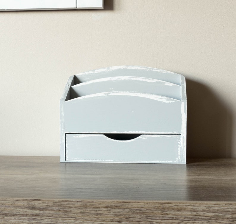 Grey Shabby Chic Wooden Letter Rack Desk Post Organiser Holder With