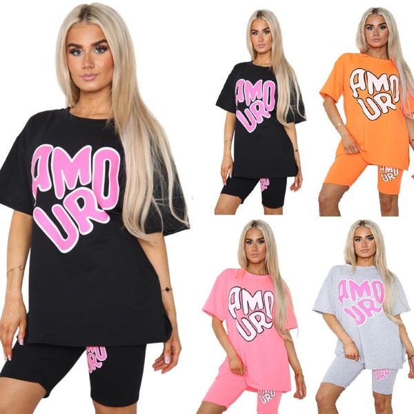 New Women's Printed Amour Set Cycling Short T Shirt Ladies Lounge Wear Tracksuit UK Size 8-14