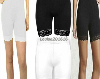 Womens  Ladies Plain Scallop Lace Trim Knee Over Gym Active Cycling Hot Shorts Pants