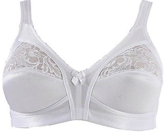 Ladies Women's Firm Control Soft Satin Cup Bra Unpadded Non Wired Full Cup Size  34B -48E (White)