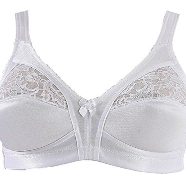 Ladies Women's Firm Control Soft Satin Cup Bra Unpadded Non Wired Full Cup Size  34B -48E (White)