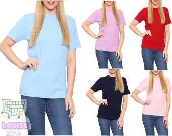 Ladies Women's Knitted Short Sleeve Top Sweater Crew Neck Short Sleeve Jumper UK 8-22