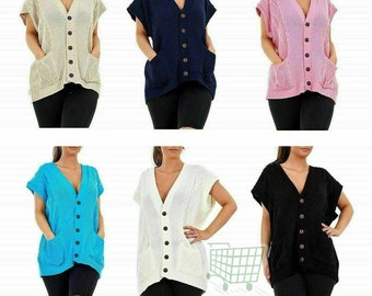 Womens Sleeveless Cable Knitted Grandad Cardigan Button Front Ladies Sweater Top