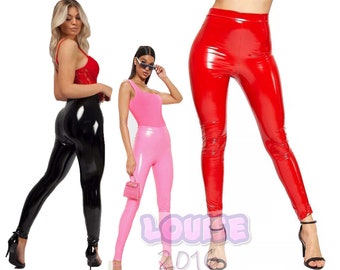 Women's Ladies Vinyl Shiny Leggings PU Wet Look Disco High Waist Leggings UK Size 8-18