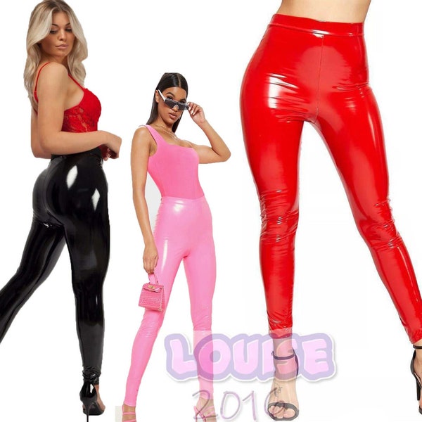 Women's Ladies Vinyl Shiny Leggings PU Wet Look Disco High Waist Leggings UK Size 8-18