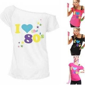 Womens I Love The 80's T-Shirt Retro Pop Star Ladies Hen Fancy Party Top Outfit