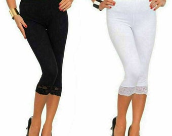 Womens Ladies Capri Soft 3/4 Cropped Lace Trim Leggings Stretchy Comfy Pants UK