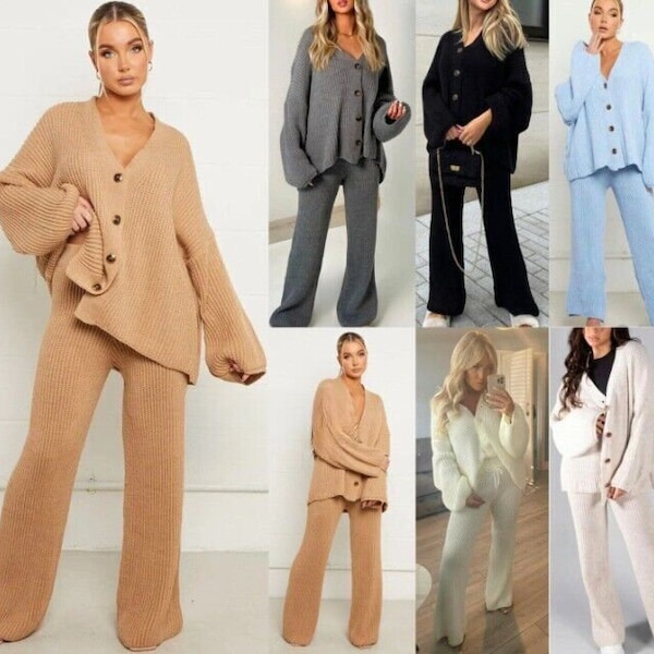 Button Cardigan Palazzo Trousers Suit Ladies Rib Knit Set Women's Lounge Wear UK Size S-2XL