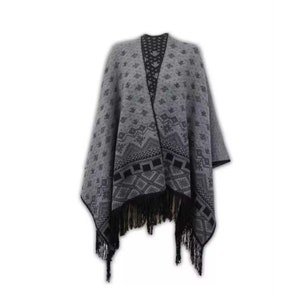 Ladies Women's Knitted Reversable Cape Shawl Aztec Print Lurex Fringe Poncho (One Size UK 8-22)